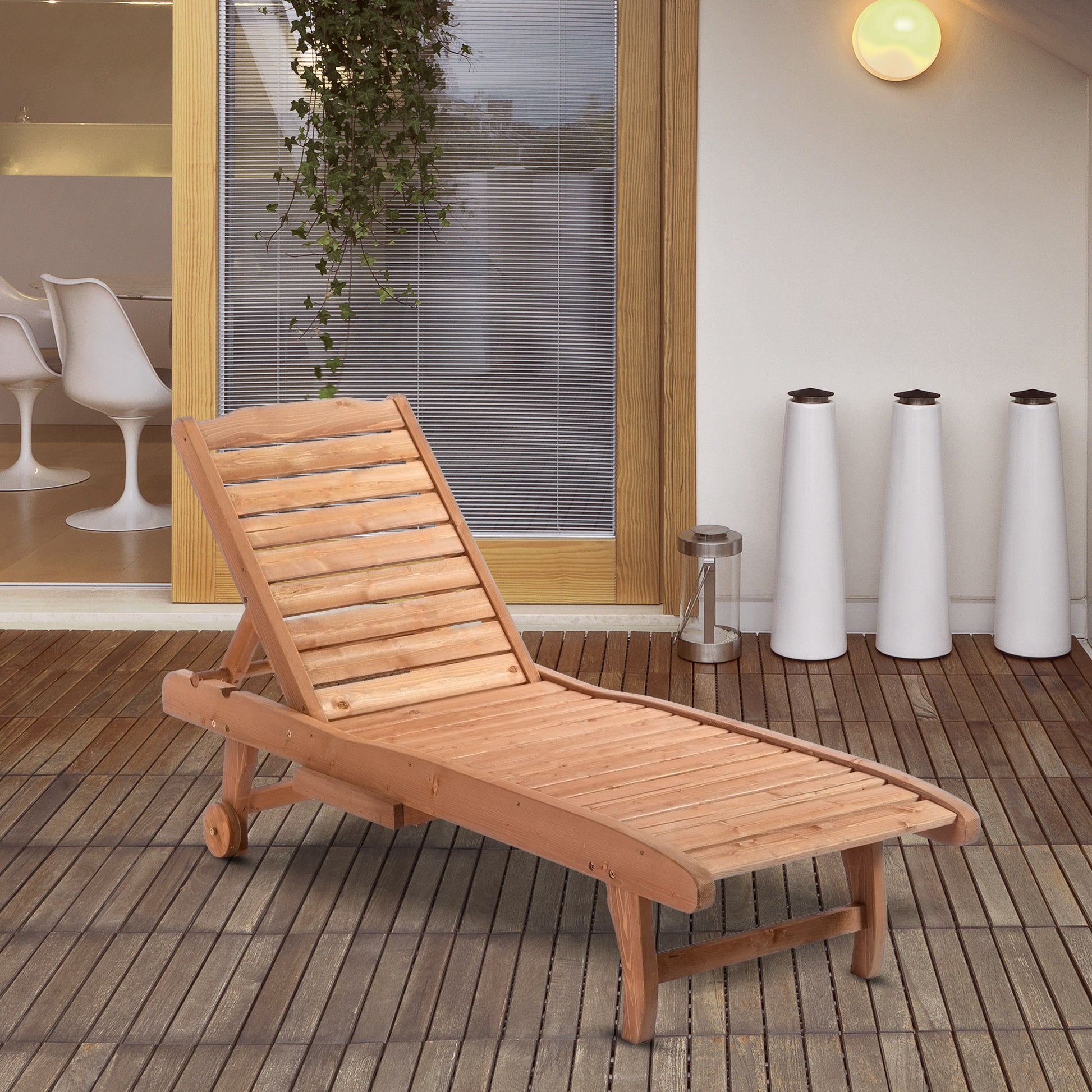 Natural Wood Chaise Lounge Pool Chair with Built-In Table