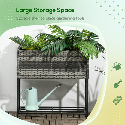 Outsunny Raised Garden Bed - Grey Rattan Planter with Shelf