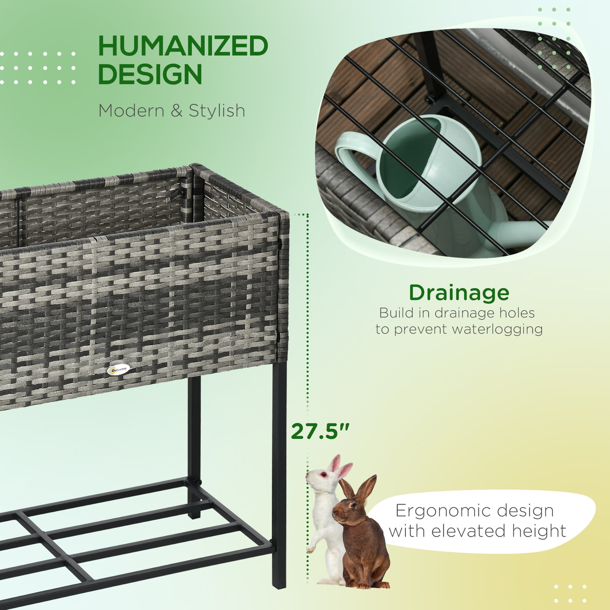 Outsunny Raised Garden Bed - Grey Rattan Planter with Shelf
