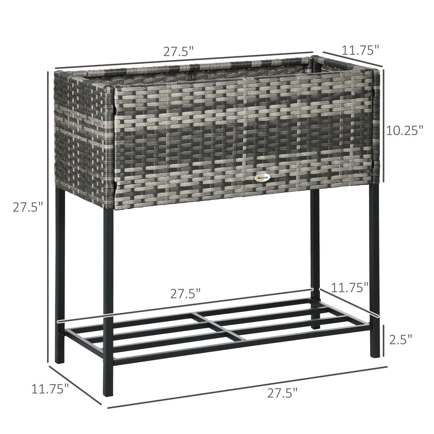 Outsunny Raised Garden Bed - Grey Rattan Planter with Shelf
