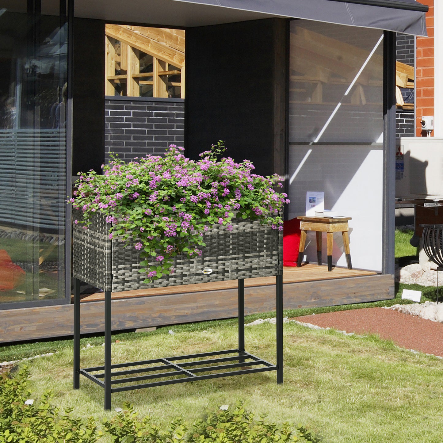 Outsunny Raised Garden Bed - Grey Rattan Planter with Shelf