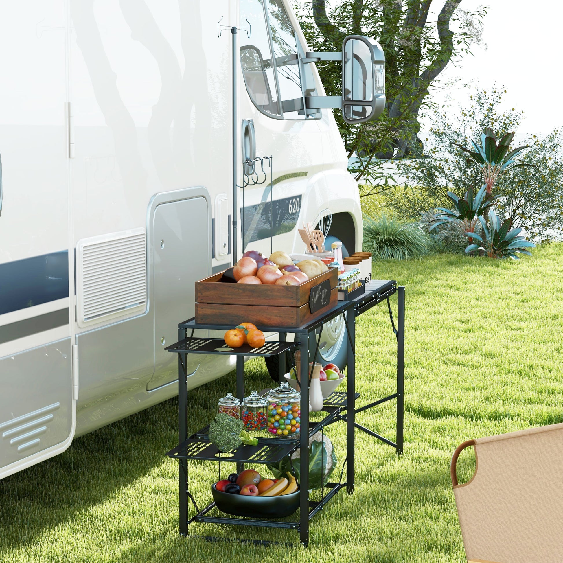 Outsunny Folding Camp Kitchen Table - Portable Outdoor Cooking Station