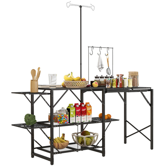 Outsunny Folding Camp Kitchen Table, Portable Camping Cooking Station with Adjustable Lantern Holder, Hanging Hooks and Carrying Bag for Outdoor Picnic Beach BBQ Traveling