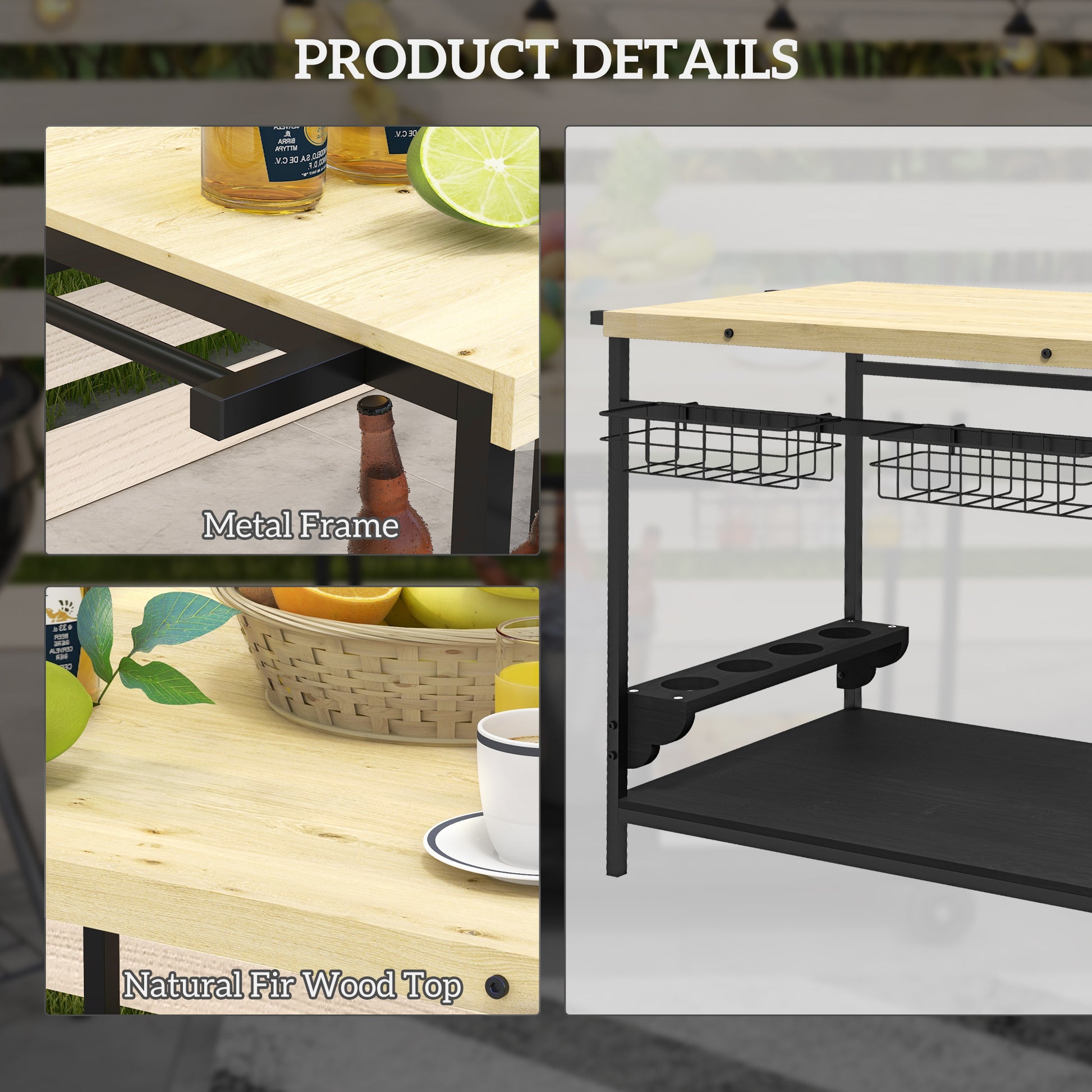 Natural Wood Outdoor Bar Cart - Rolling Serving Cart with Wheels