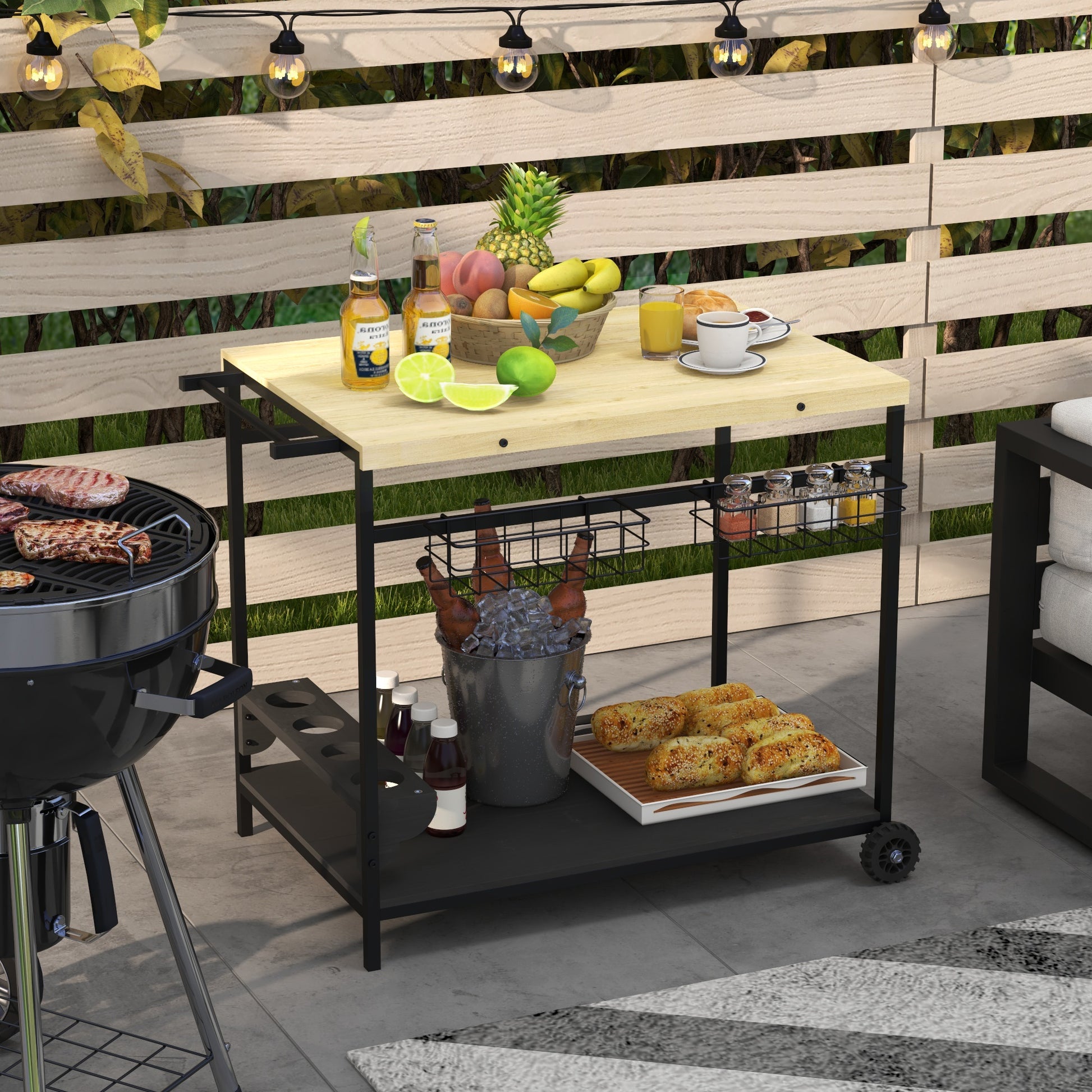 Natural Wood Outdoor Bar Cart - Rolling Serving Cart with Wheels