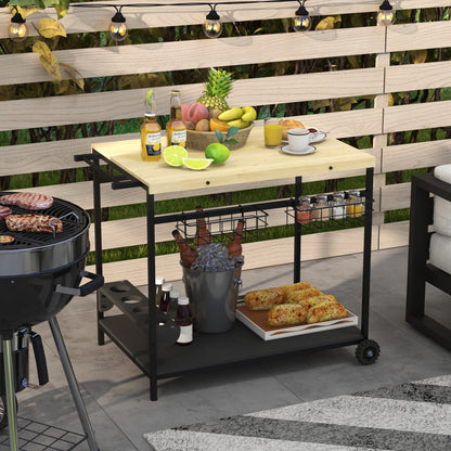 Natural Wood Outdoor Bar Cart - Rolling Serving Cart with Wheels