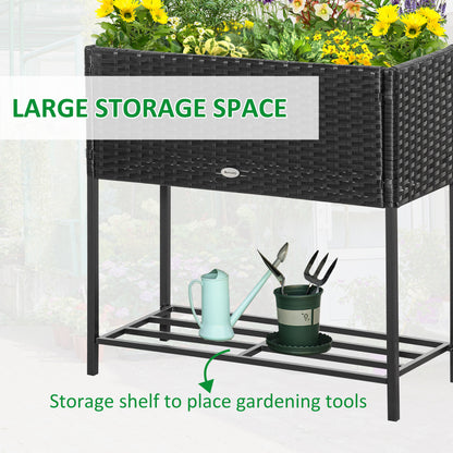 Outsunny Raised Garden Bed - Black Rattan Planter with Shelf
