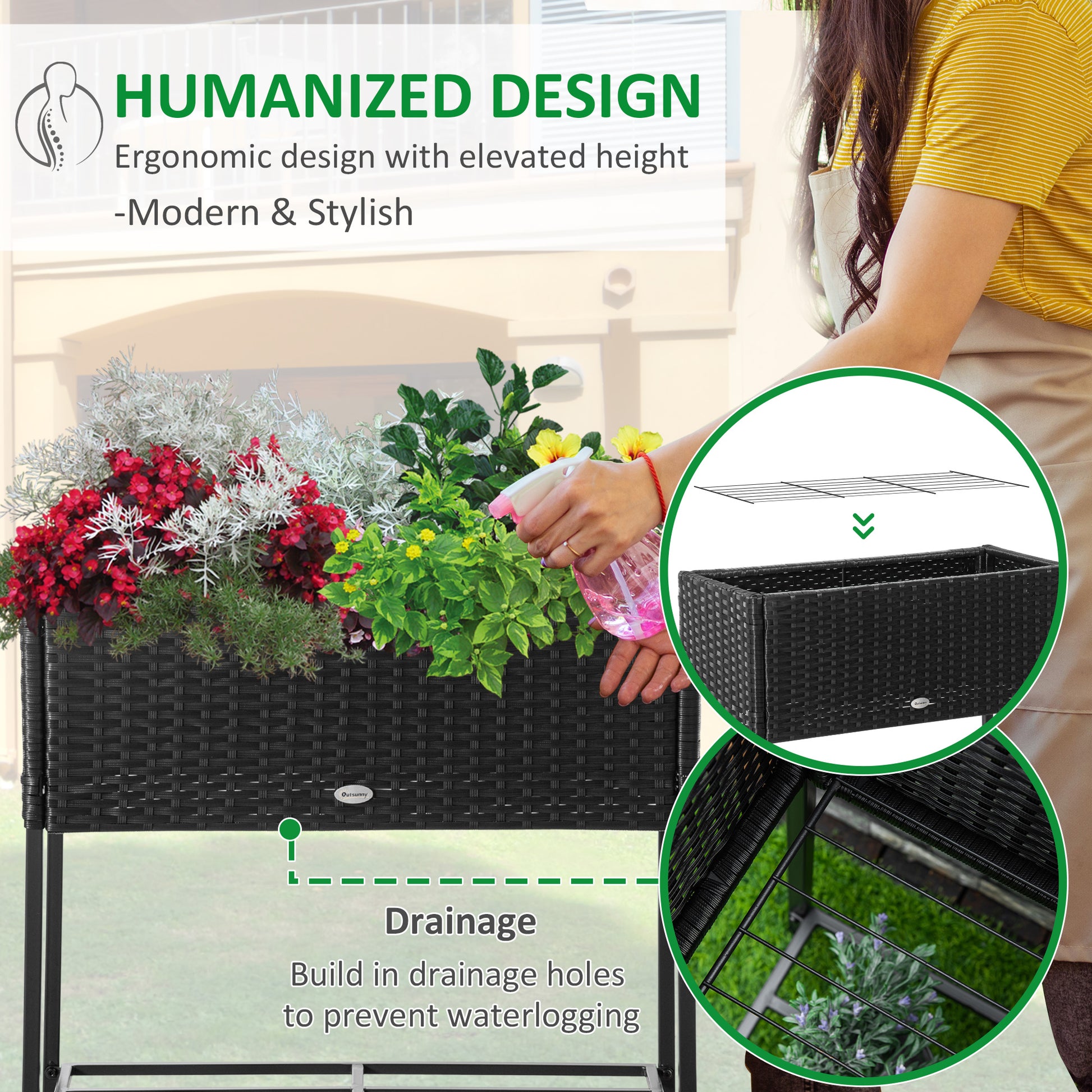 Outsunny Raised Garden Bed - Black Rattan Planter with Shelf
