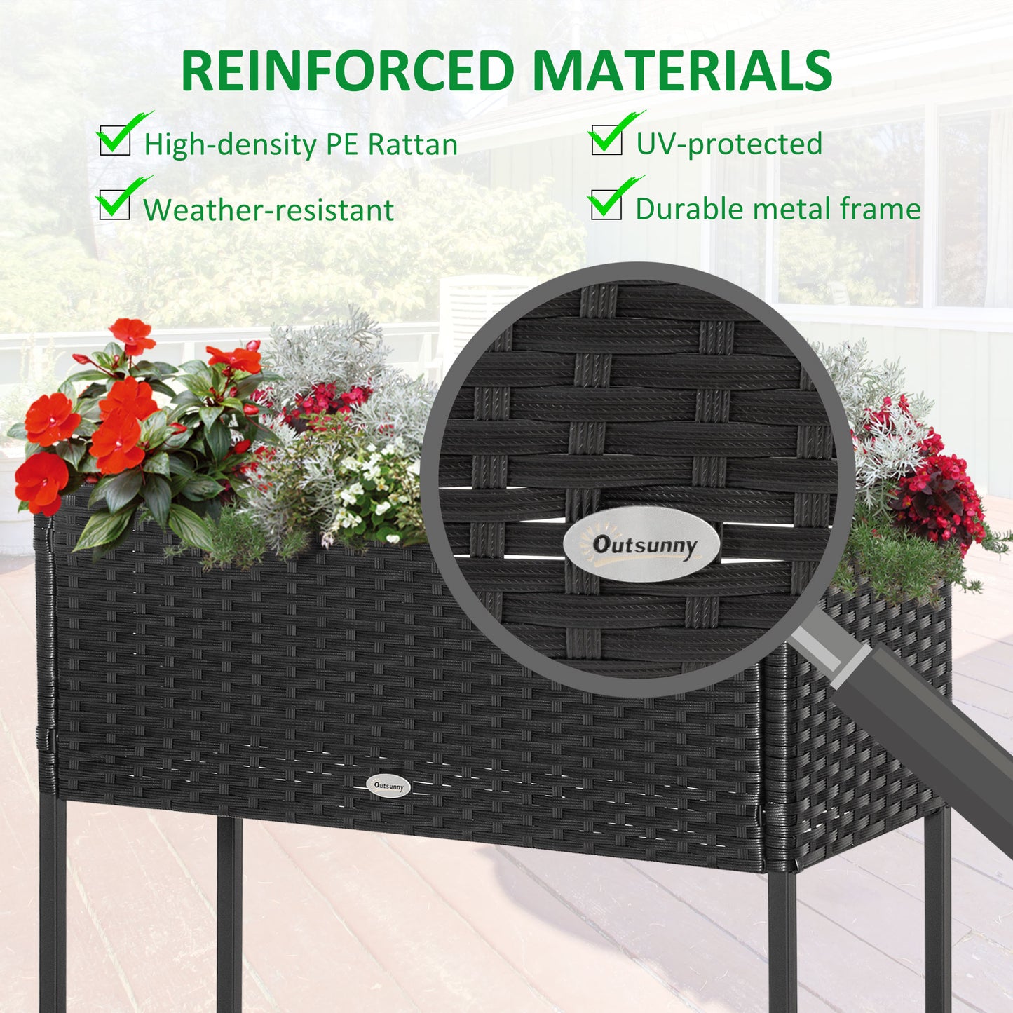 Outsunny Raised Garden Bed - Black Rattan Planter with Shelf