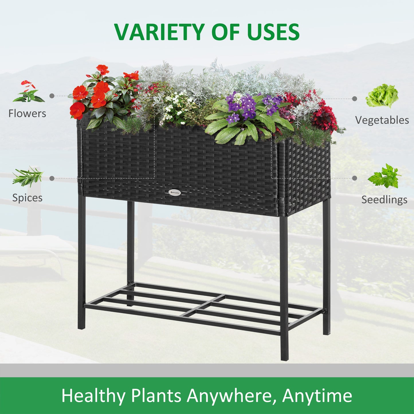 Outsunny Raised Garden Bed - Black Rattan Planter with Shelf