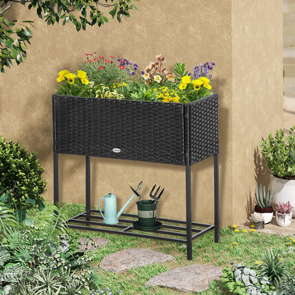 Outsunny Raised Garden Bed - Black Rattan Planter with Shelf