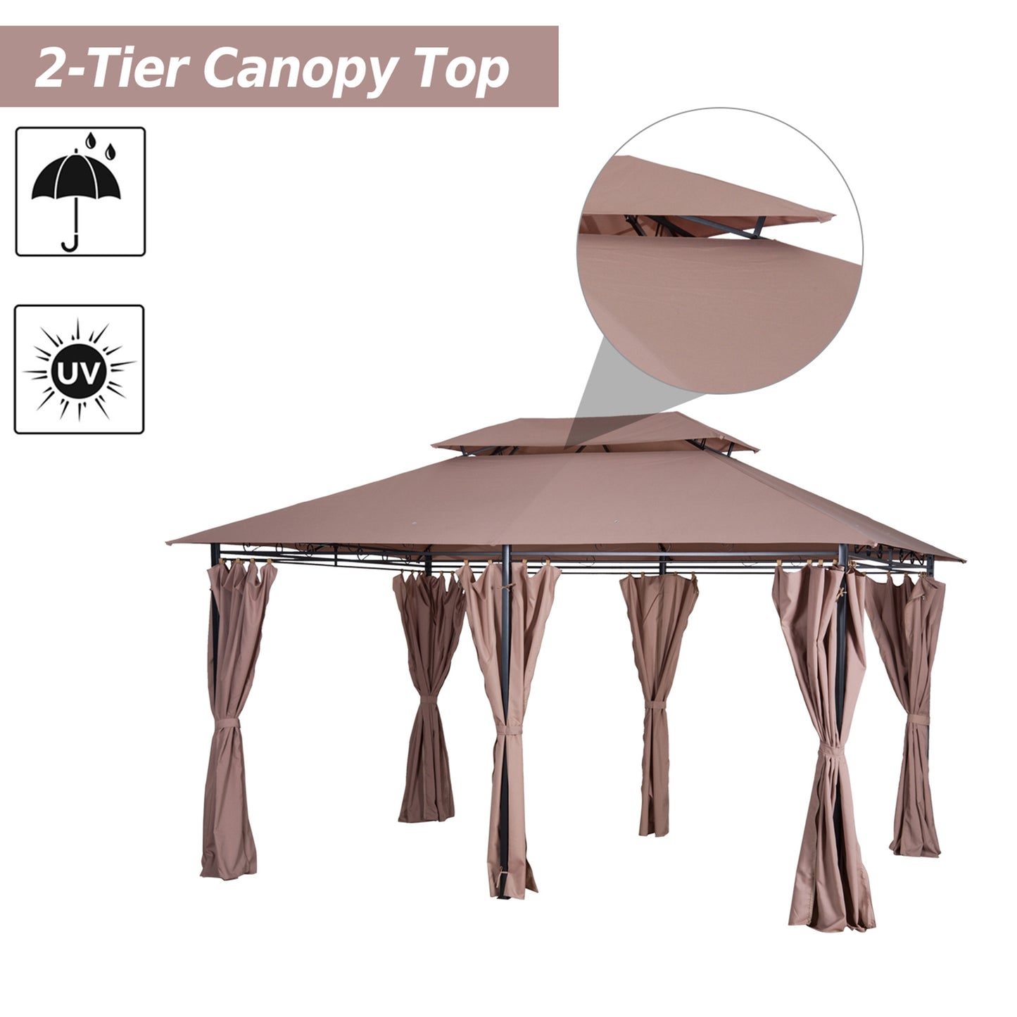 10' x 13' Khaki Steel Patio Gazebo - Outdoor Canopy Shelter