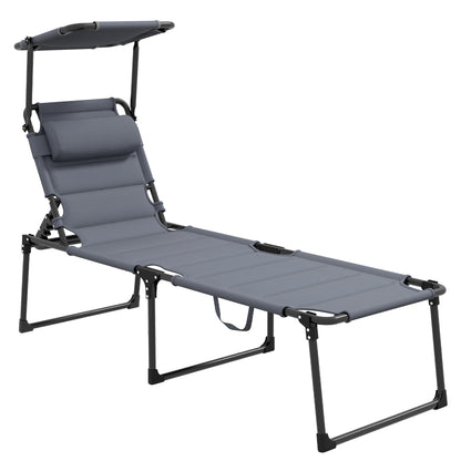 Outsunny Outdoor Lounge Chair, Adjustable Backrest Folding Chaise Lounge, Cushioned Tanning Chair w/Sunshade Roof & Pillow Headrest for Beach, Camping, Hiking, Gray