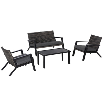 Outsunny 4 Piece Patio Furniture Set, 2 PE Wicker Chairs, Loveseat Sofa, Outdoor Coffee Table, Soft Cushions, Couch & Armchairs for Backyard, Garden, Black