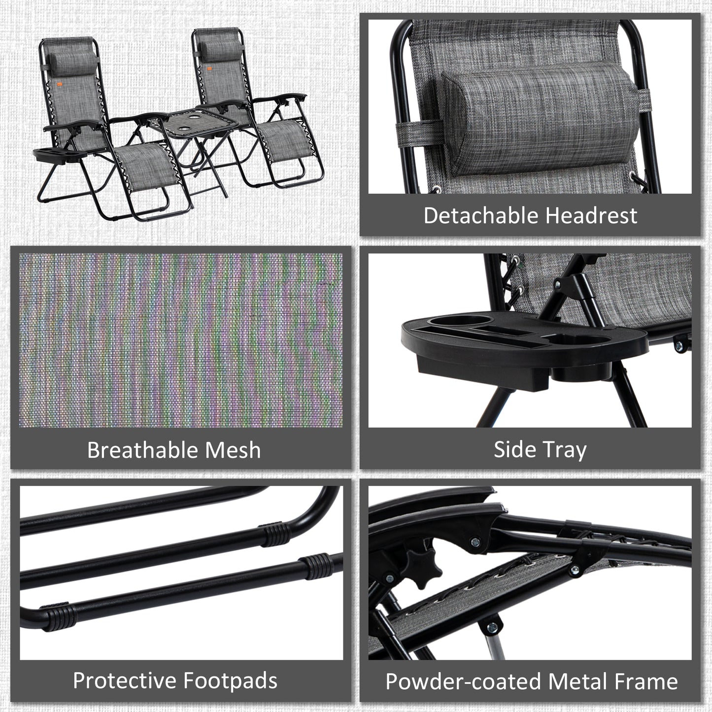 Grey Zero Gravity Chair Set with Folding Table - Patio Outdoor Furniture