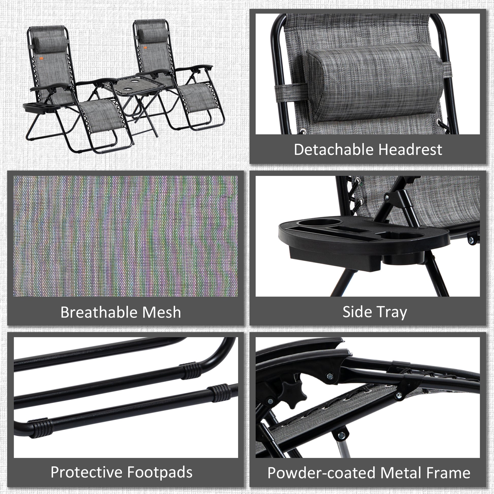 Grey Zero Gravity Chair Set with Folding Table - Patio Outdoor Furniture