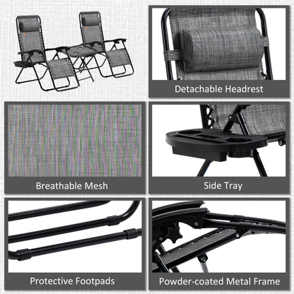 Grey Zero Gravity Chair Set with Folding Table - Patio Outdoor Furniture