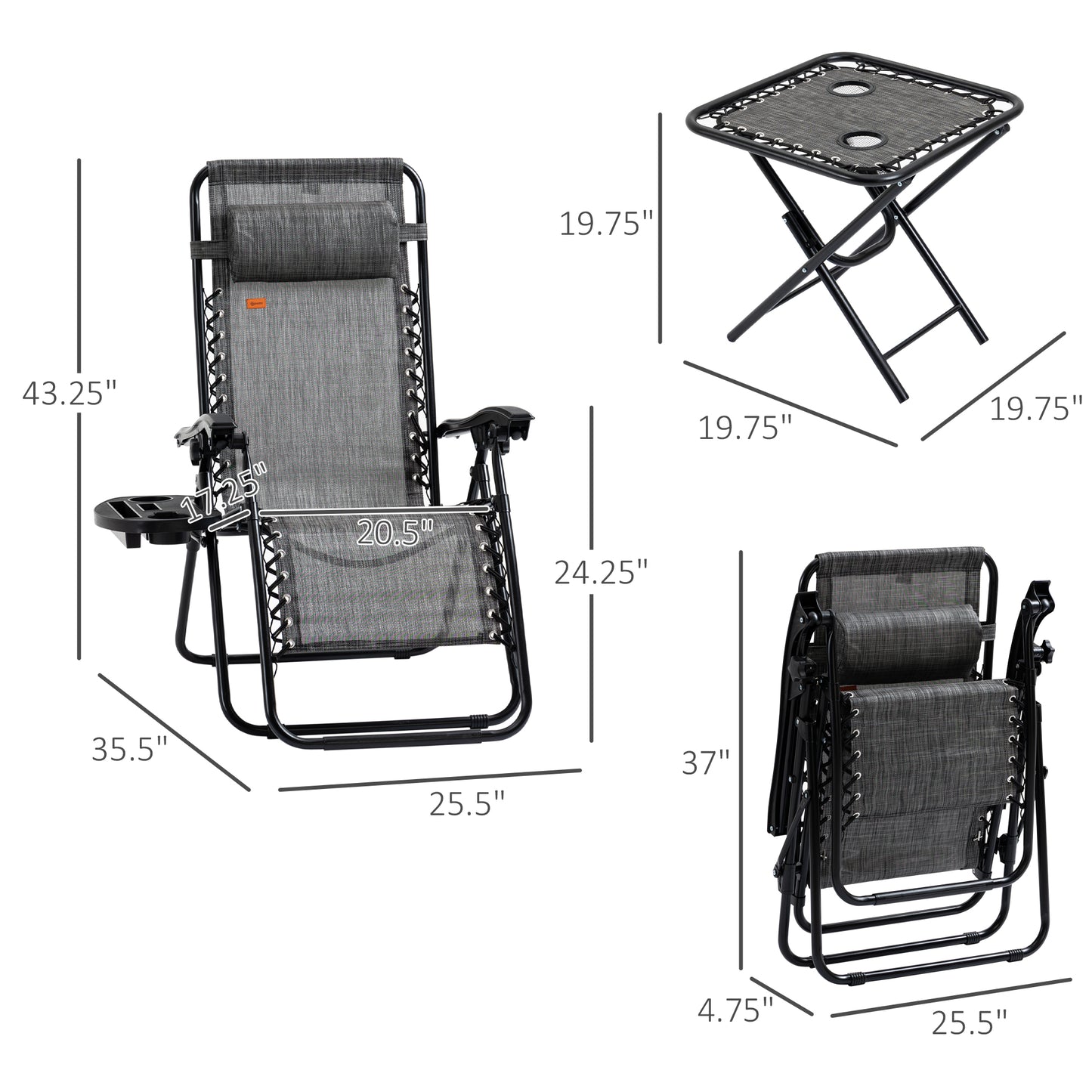 Grey Zero Gravity Chair Set with Folding Table - Patio Outdoor Furniture