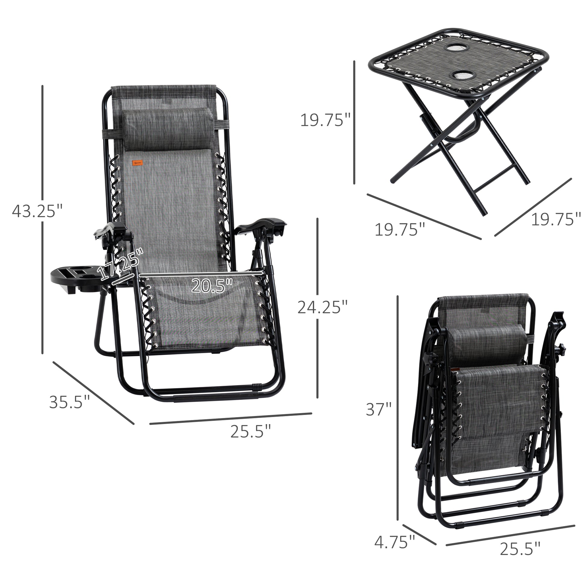 Grey Zero Gravity Chair Set with Folding Table - Patio Outdoor Furniture