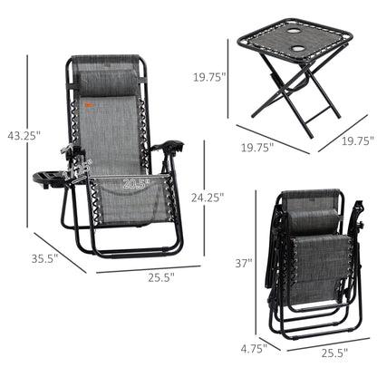 Grey Zero Gravity Chair Set with Folding Table - Patio Outdoor Furniture
