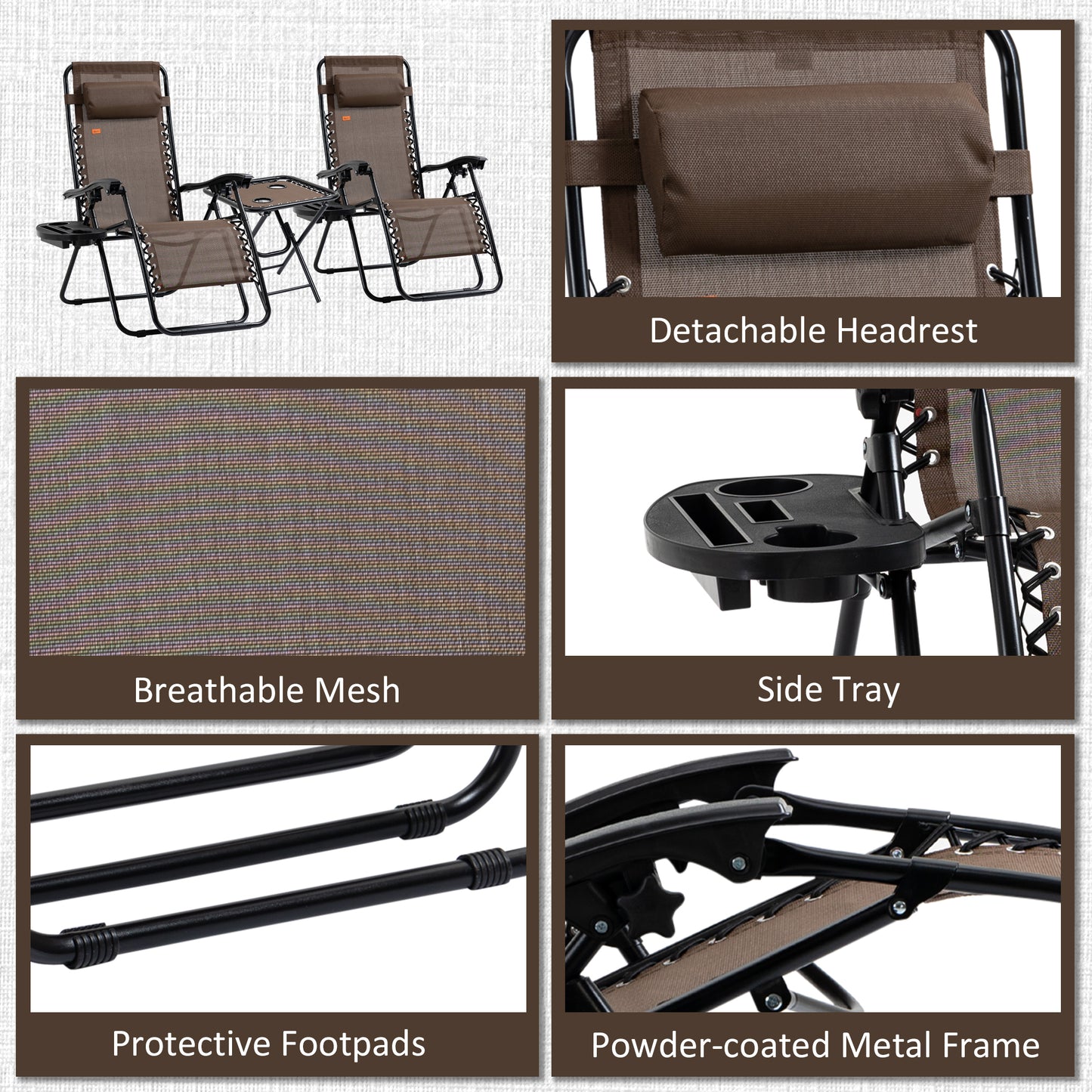 Brown Steel Zero Gravity Patio Set with Folding Table for Poolside Relaxation