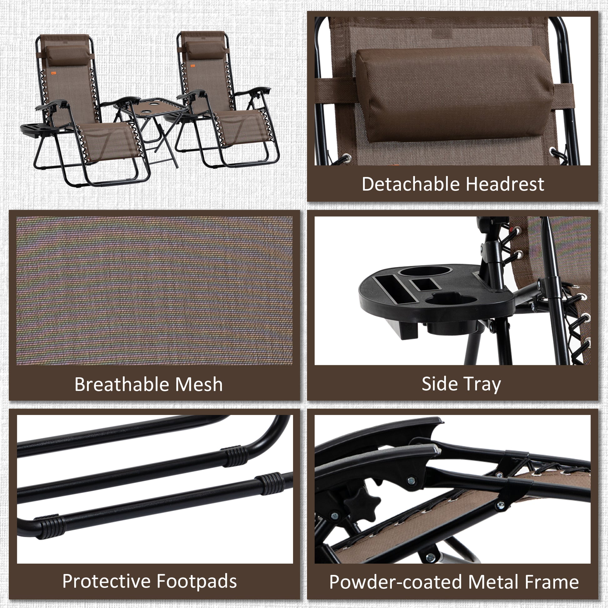 Brown Steel Zero Gravity Patio Set with Folding Table for Poolside Relaxation