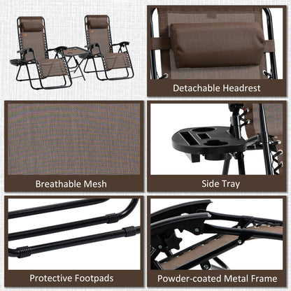 Brown Steel Zero Gravity Patio Set with Folding Table for Poolside Relaxation