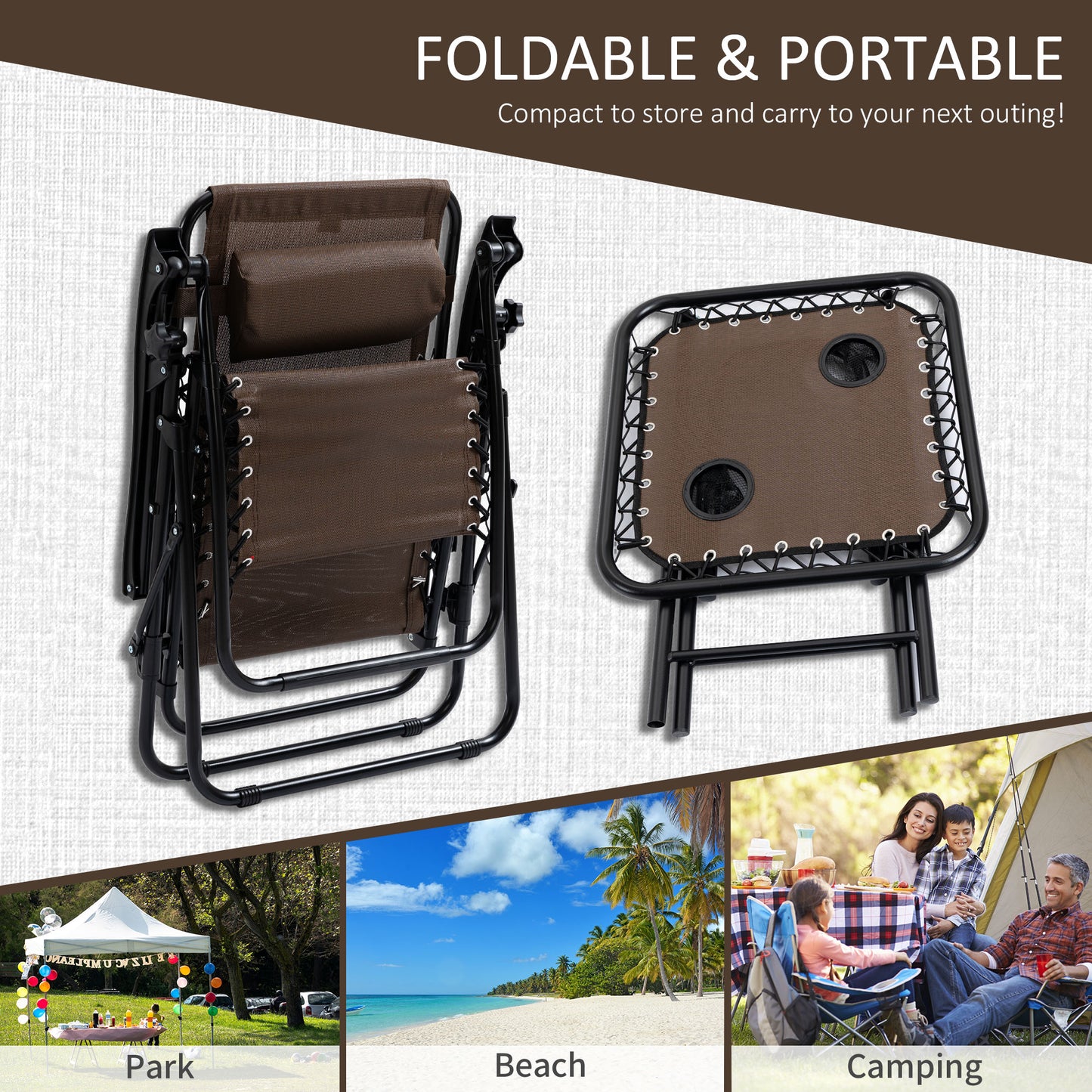 Brown Steel Zero Gravity Patio Set with Folding Table for Poolside Relaxation