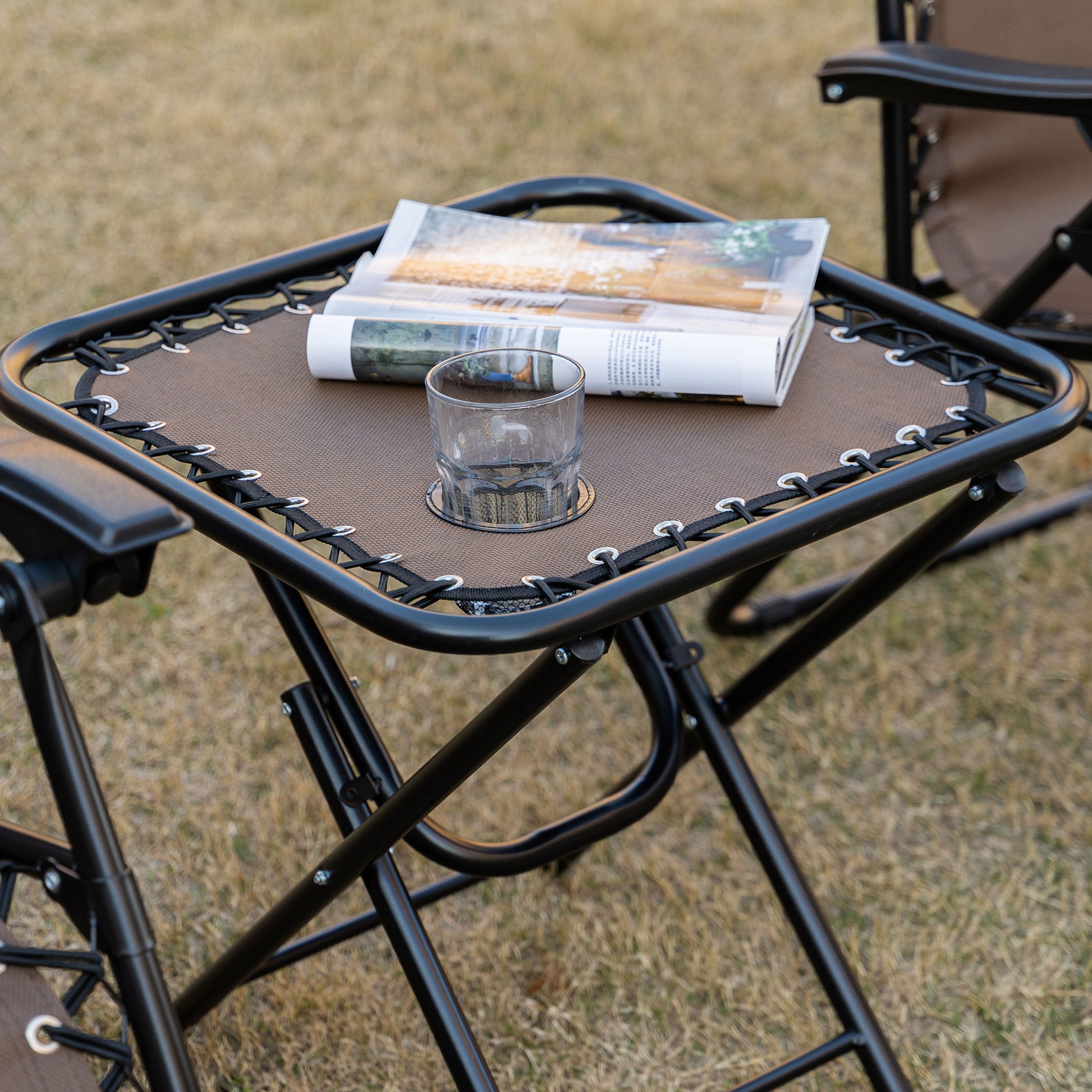 Brown Steel Zero Gravity Patio Set with Folding Table for Poolside Relaxation