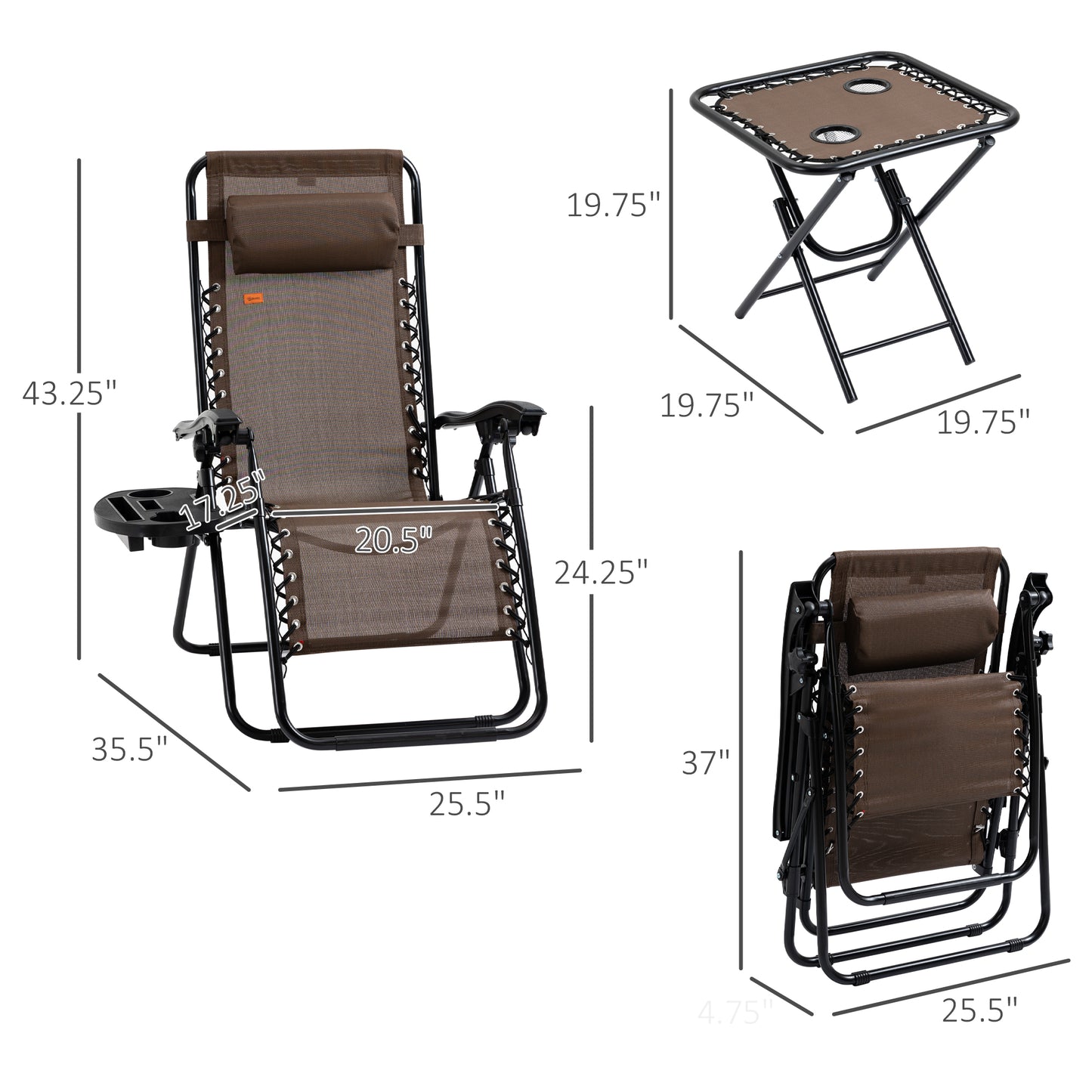 Brown Steel Zero Gravity Patio Set with Folding Table for Poolside Relaxation