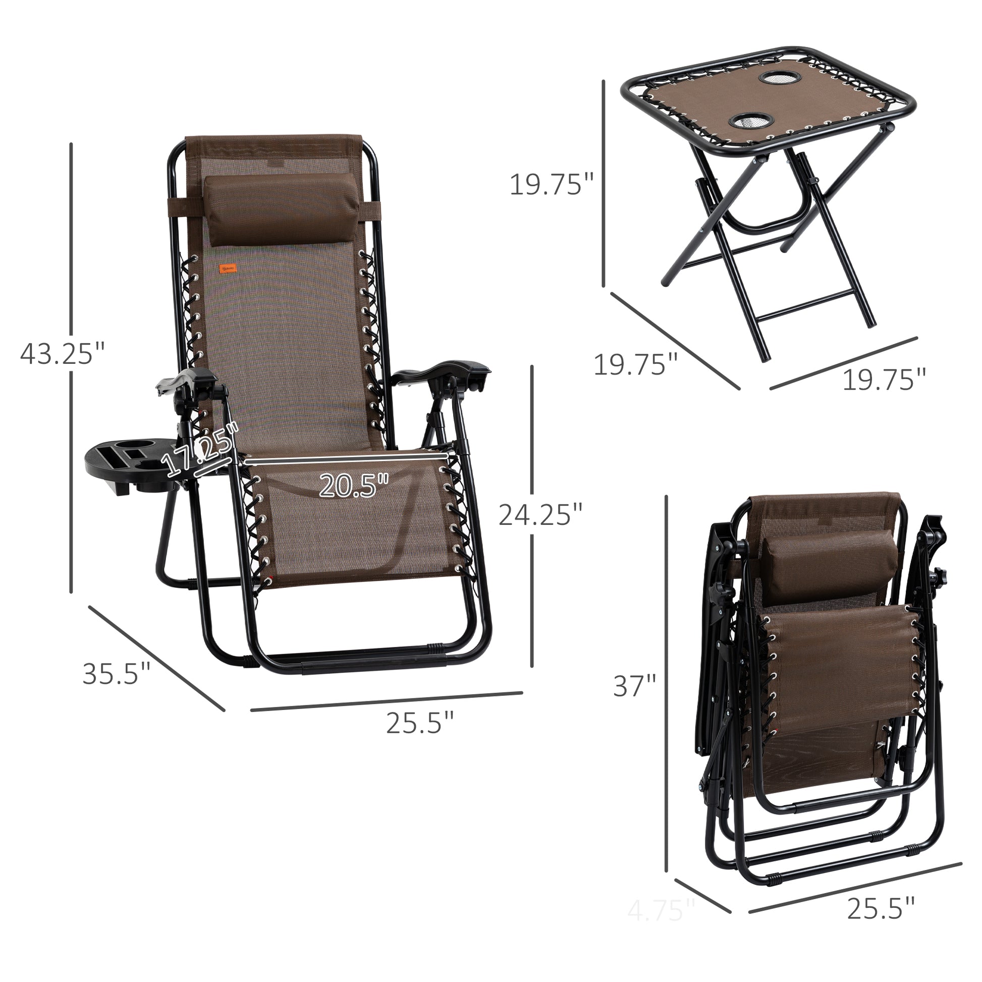 Brown Steel Zero Gravity Patio Set with Folding Table for Poolside Relaxation