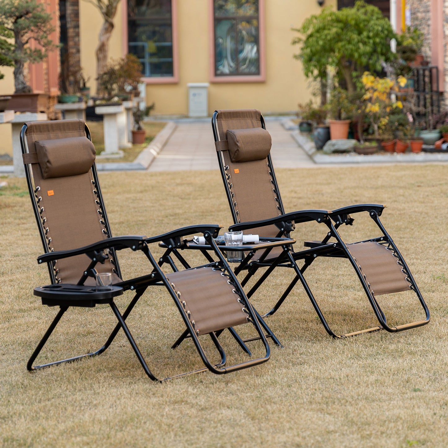 Brown Steel Zero Gravity Patio Set with Folding Table for Poolside Relaxation