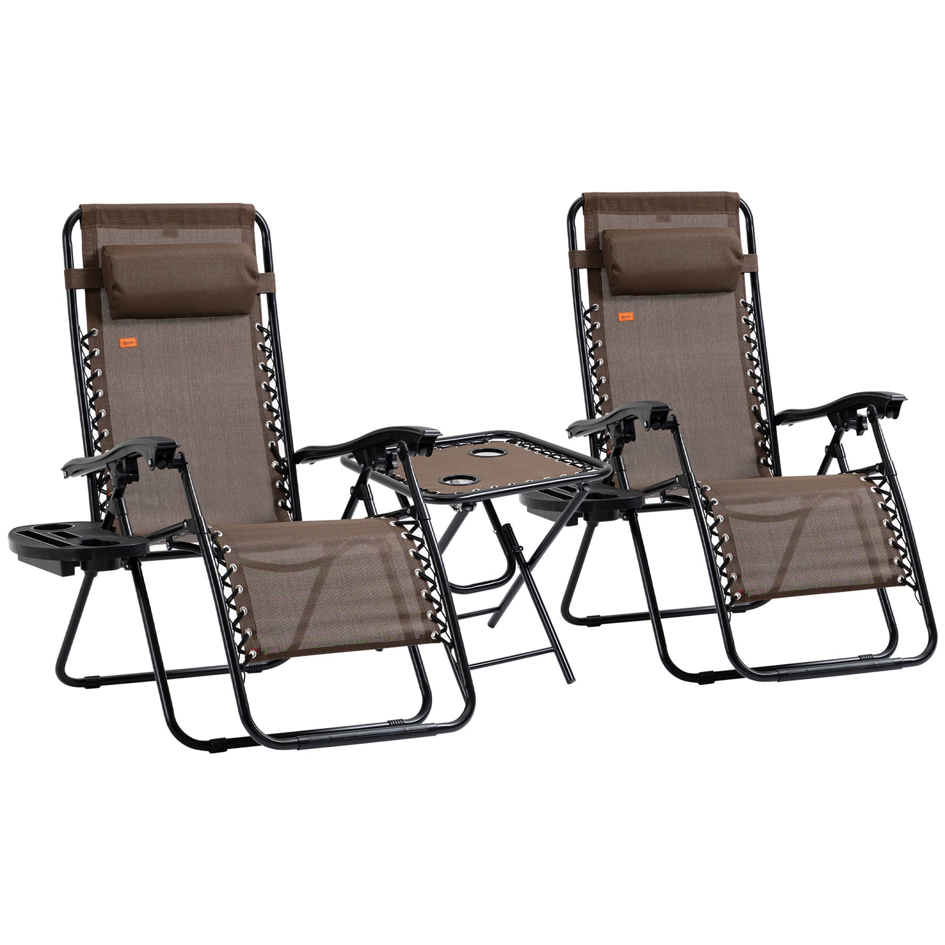 Outsunny Zero Gravity Chair Set with Side Table, Folding Reclining Chair with Cupholders & Pillows, Adjustable Lounge Chair for Pool, Backyard, Lawn, Beach, Brown