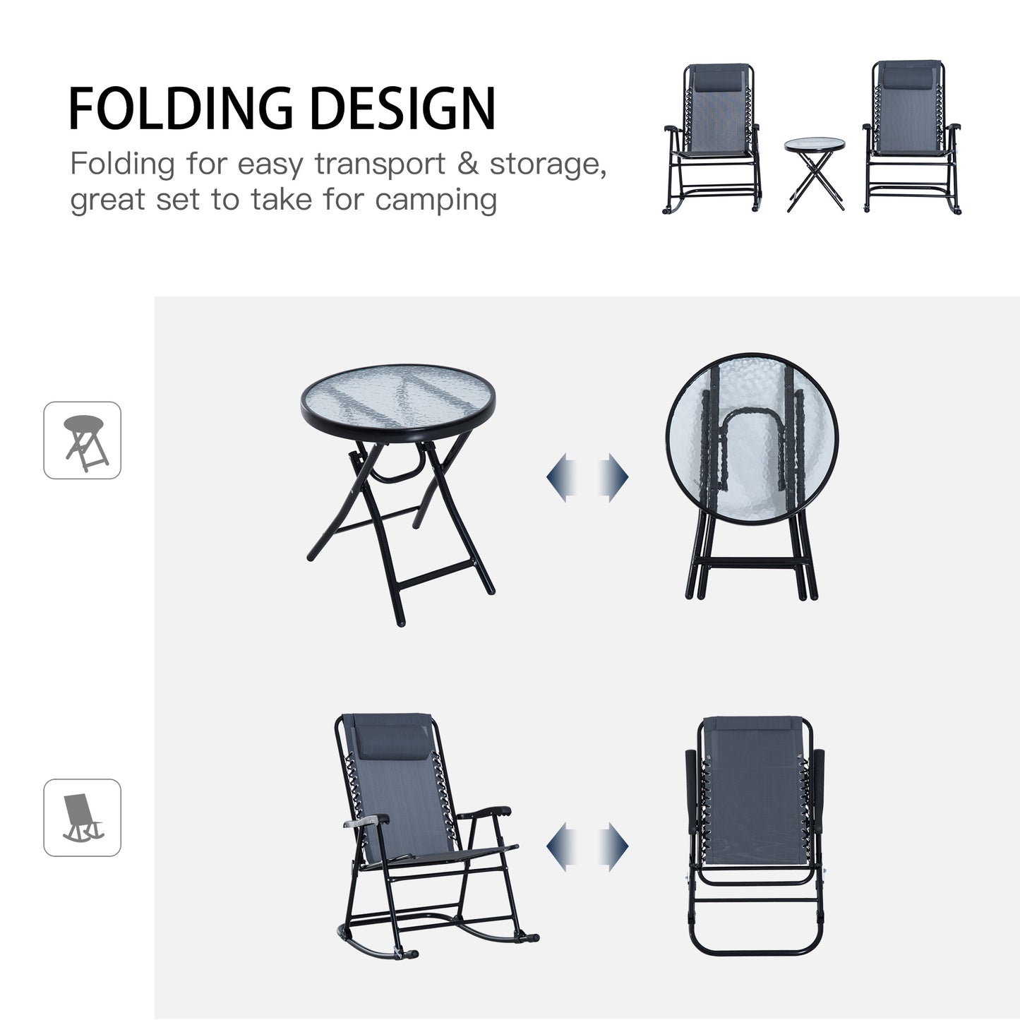 Outsunny 3 Piece Grey Patio Rocking Chair Set with Folding Table for Outdoor