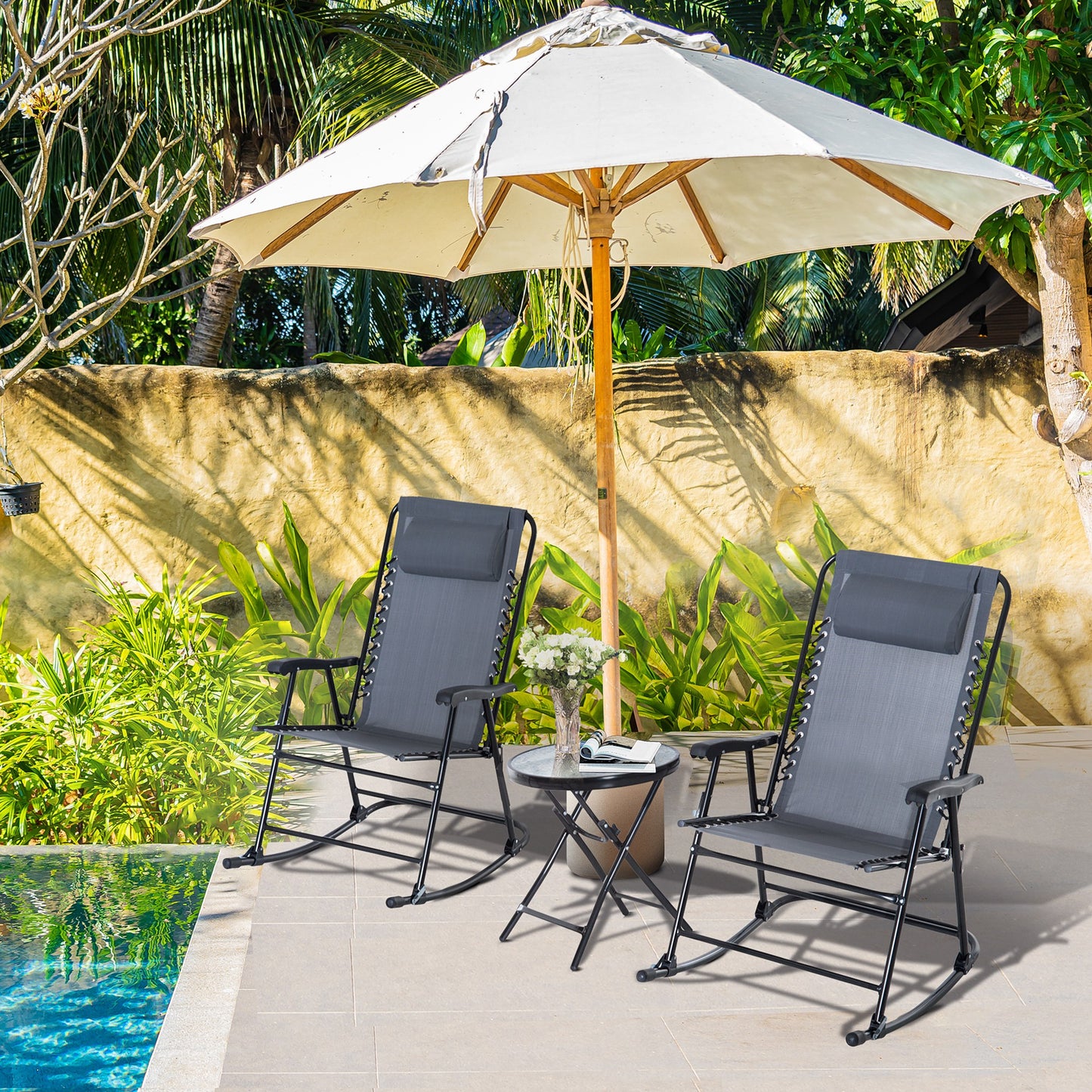 Outsunny 3 Piece Grey Patio Rocking Chair Set with Folding Table for Outdoor