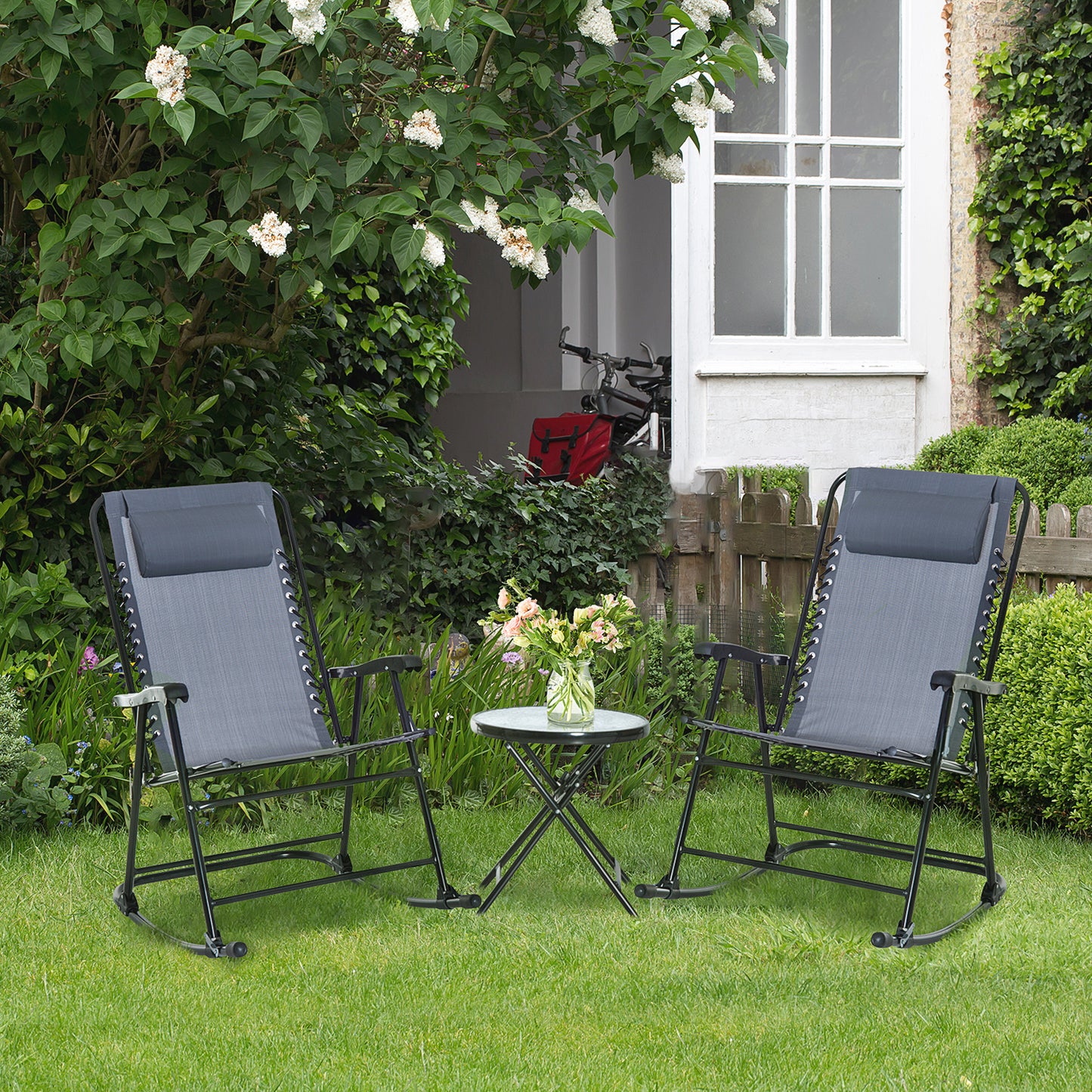 Outsunny 3 Piece Grey Patio Rocking Chair Set with Folding Table for Outdoor