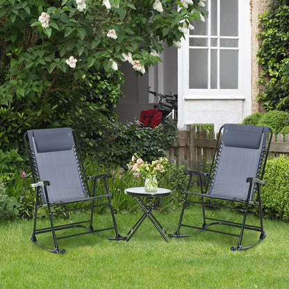 Outsunny 3 Piece Grey Patio Rocking Chair Set with Folding Table for Outdoor