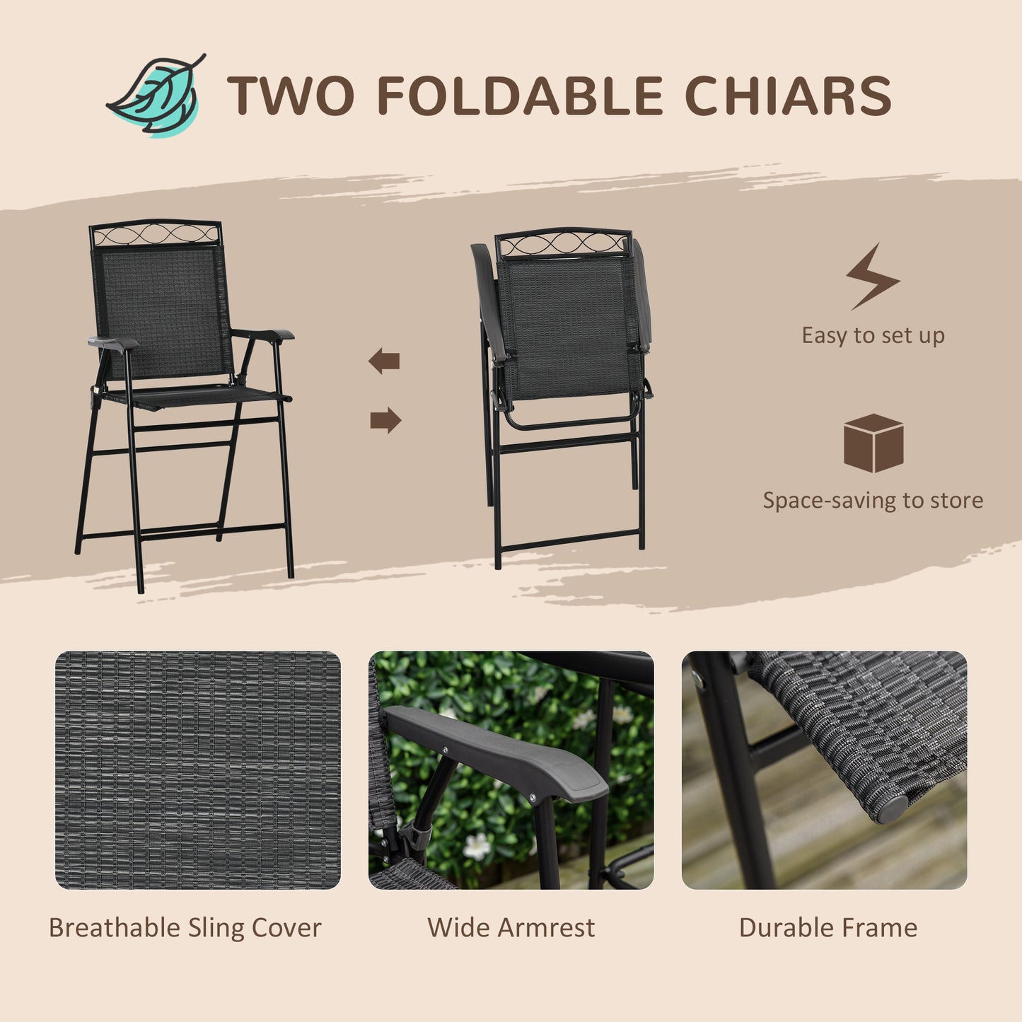 Outsunny 4-Piece Patio Dining Set - Black Steel Table & Folding Chairs