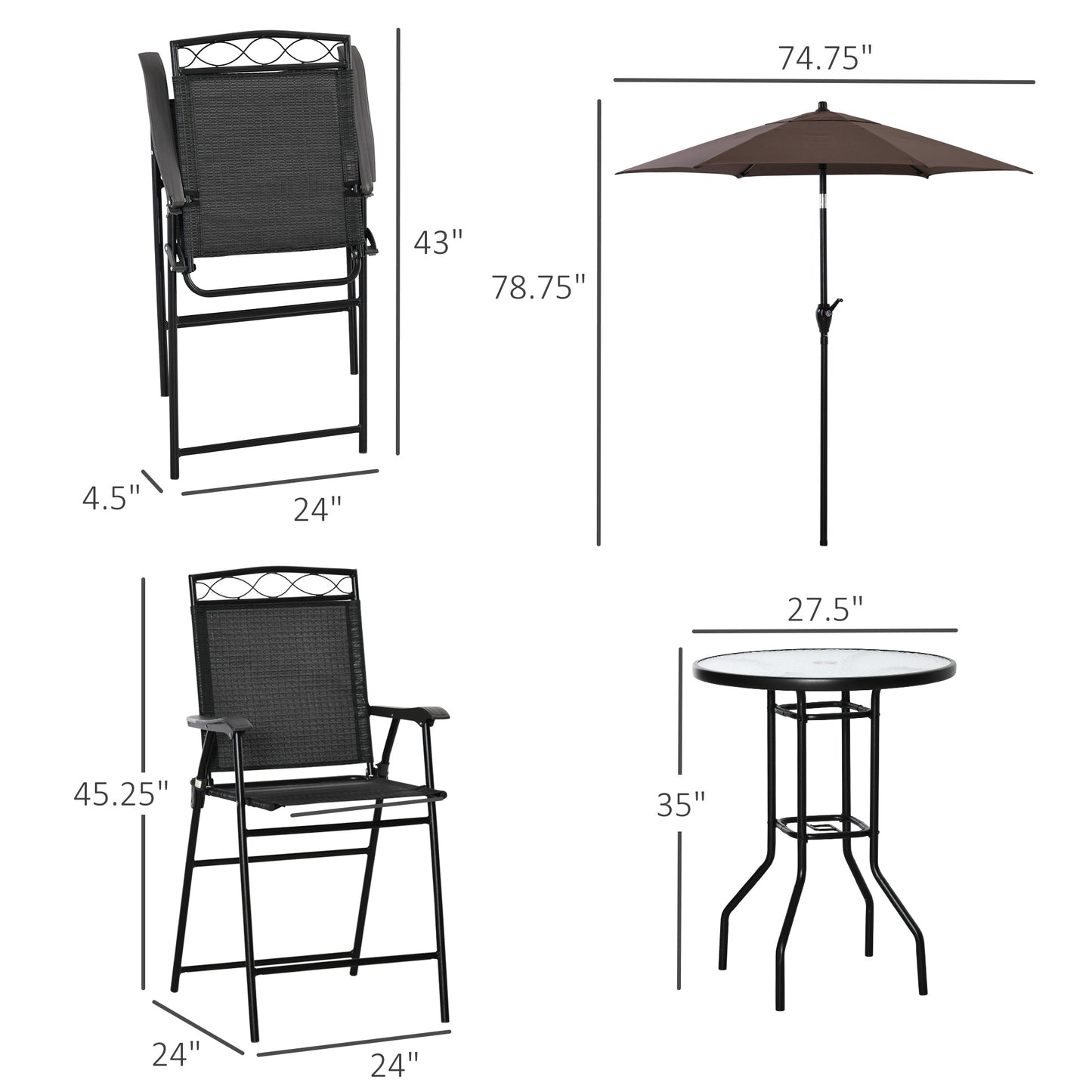 Outsunny 4-Piece Patio Dining Set - Black Steel Table & Folding Chairs