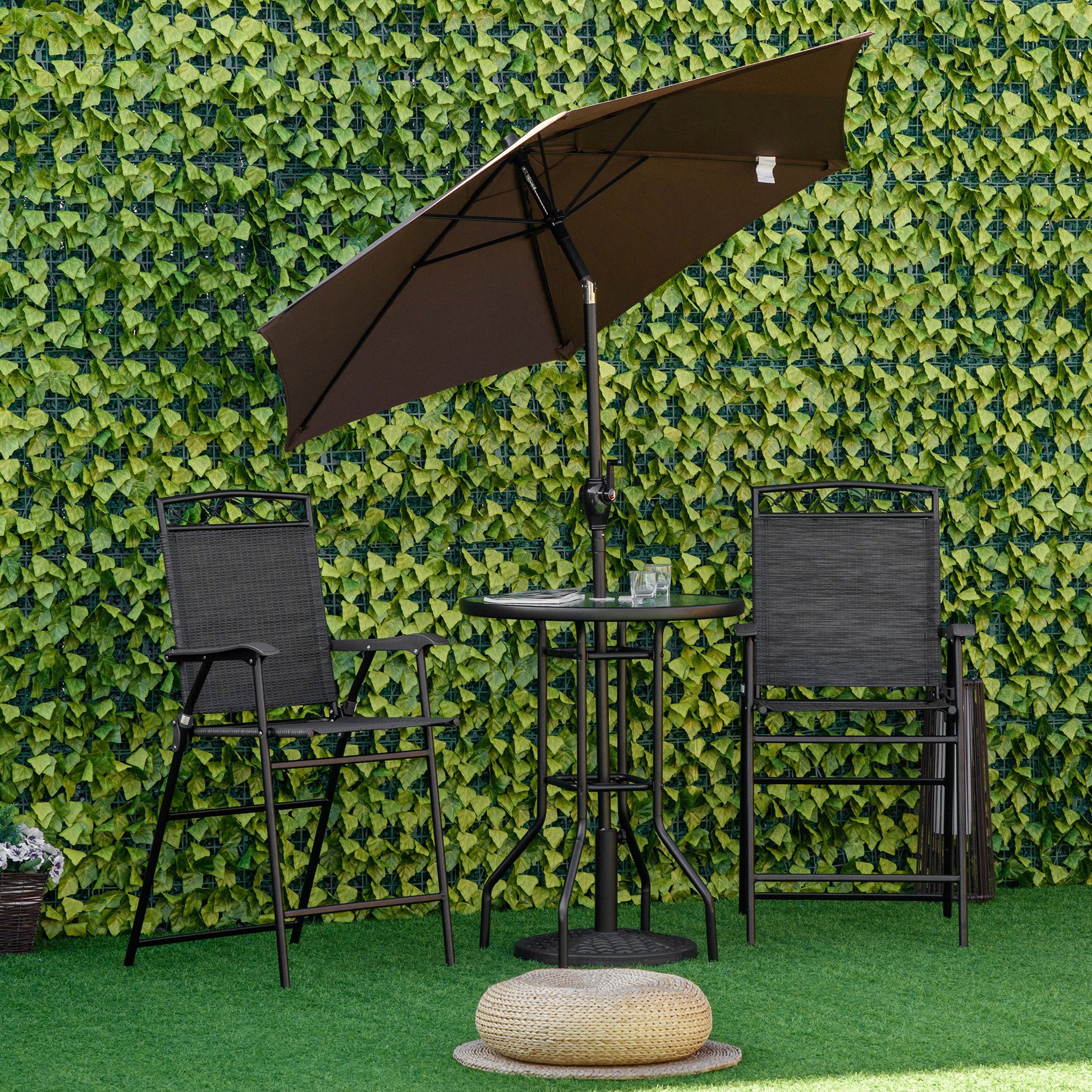 Outsunny 4-Piece Patio Dining Set - Black Steel Table & Folding Chairs