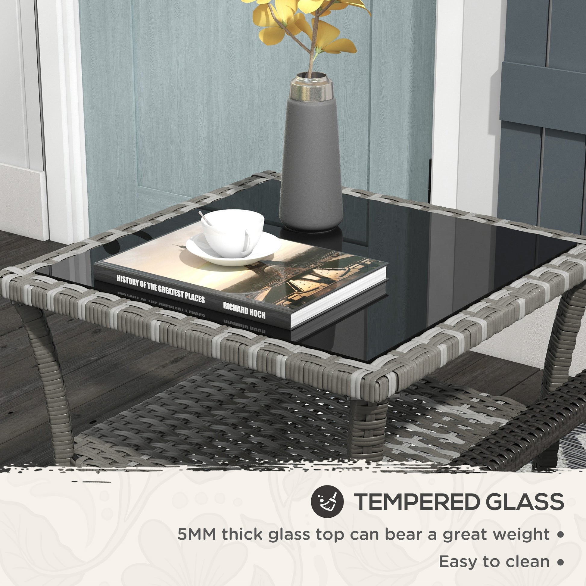 Outsunny Rattan Side Table - Grey Aluminum Outdoor Coffee Table with Storage Shelf