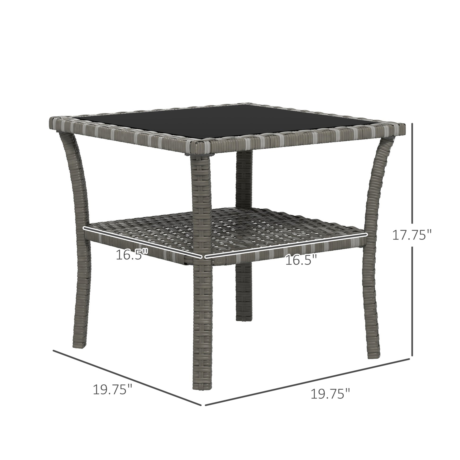 Outsunny Rattan Side Table - Grey Aluminum Outdoor Coffee Table with Storage Shelf