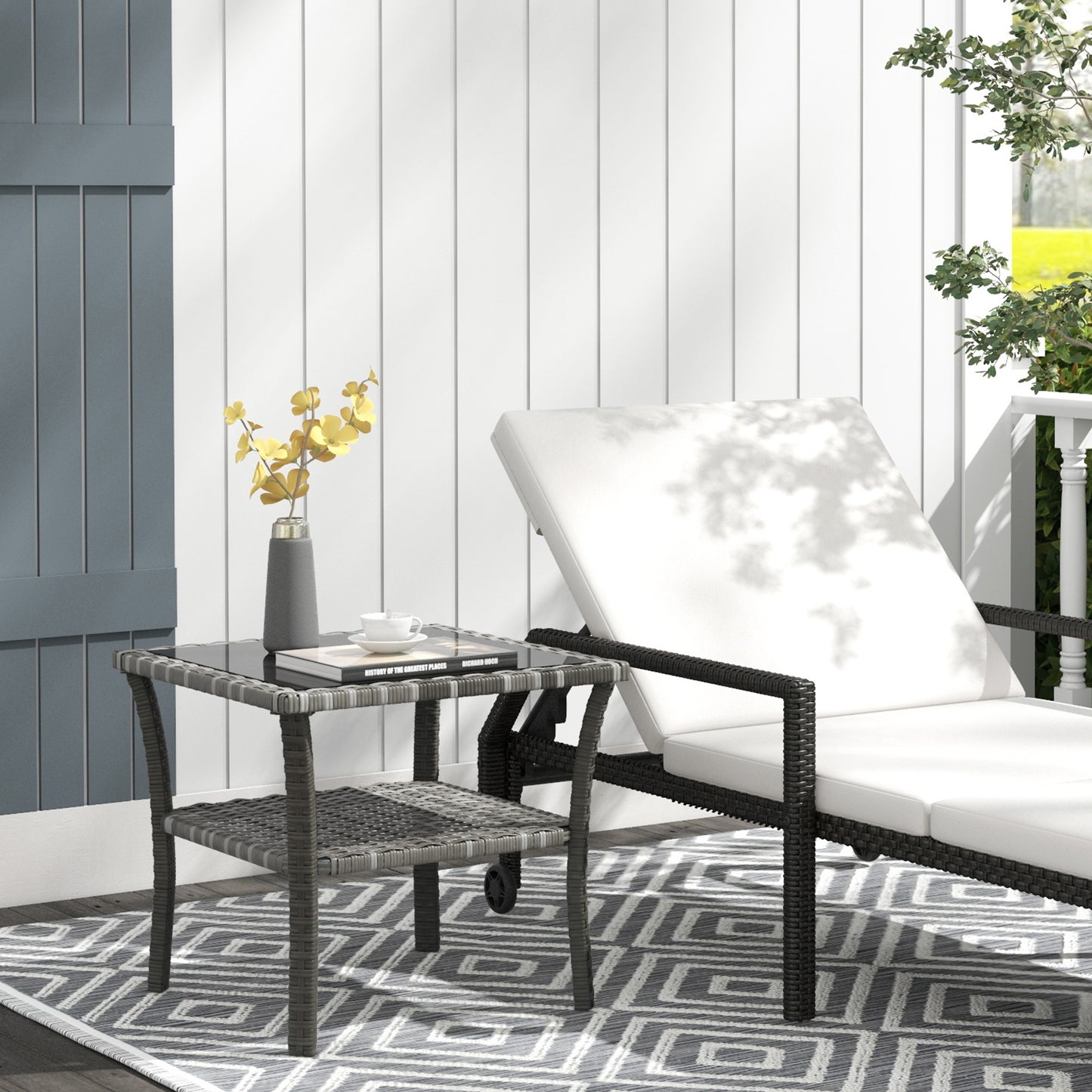 Outsunny Rattan Side Table - Grey Aluminum Outdoor Coffee Table with Storage Shelf