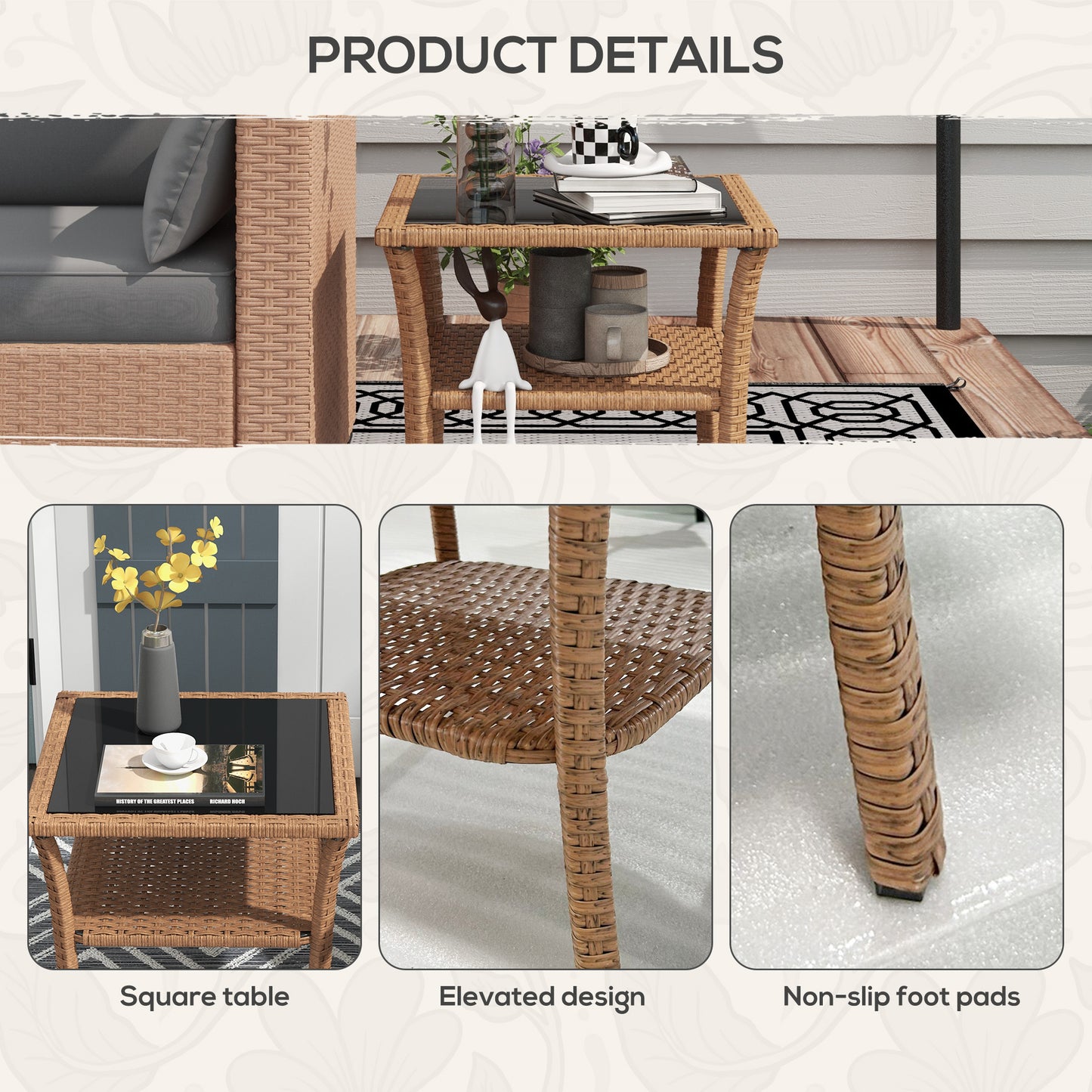 Black Brown Outdoor Coffee Table with Storage Shelf