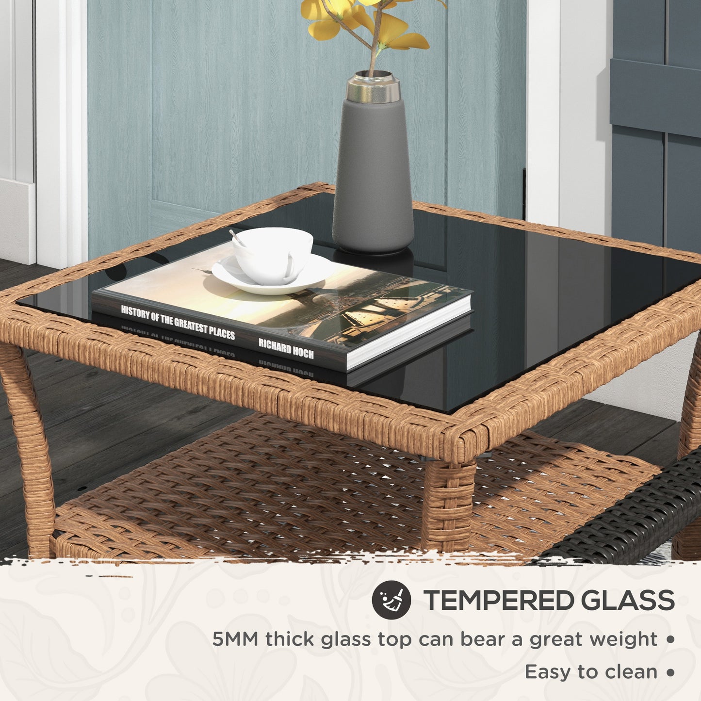 Black Brown Outdoor Coffee Table with Storage Shelf