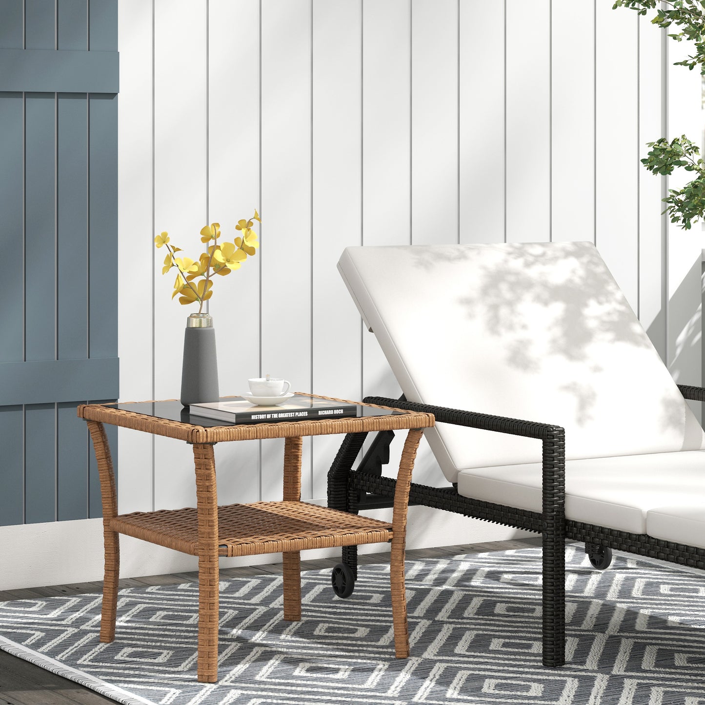 Black Brown Outdoor Coffee Table with Storage Shelf