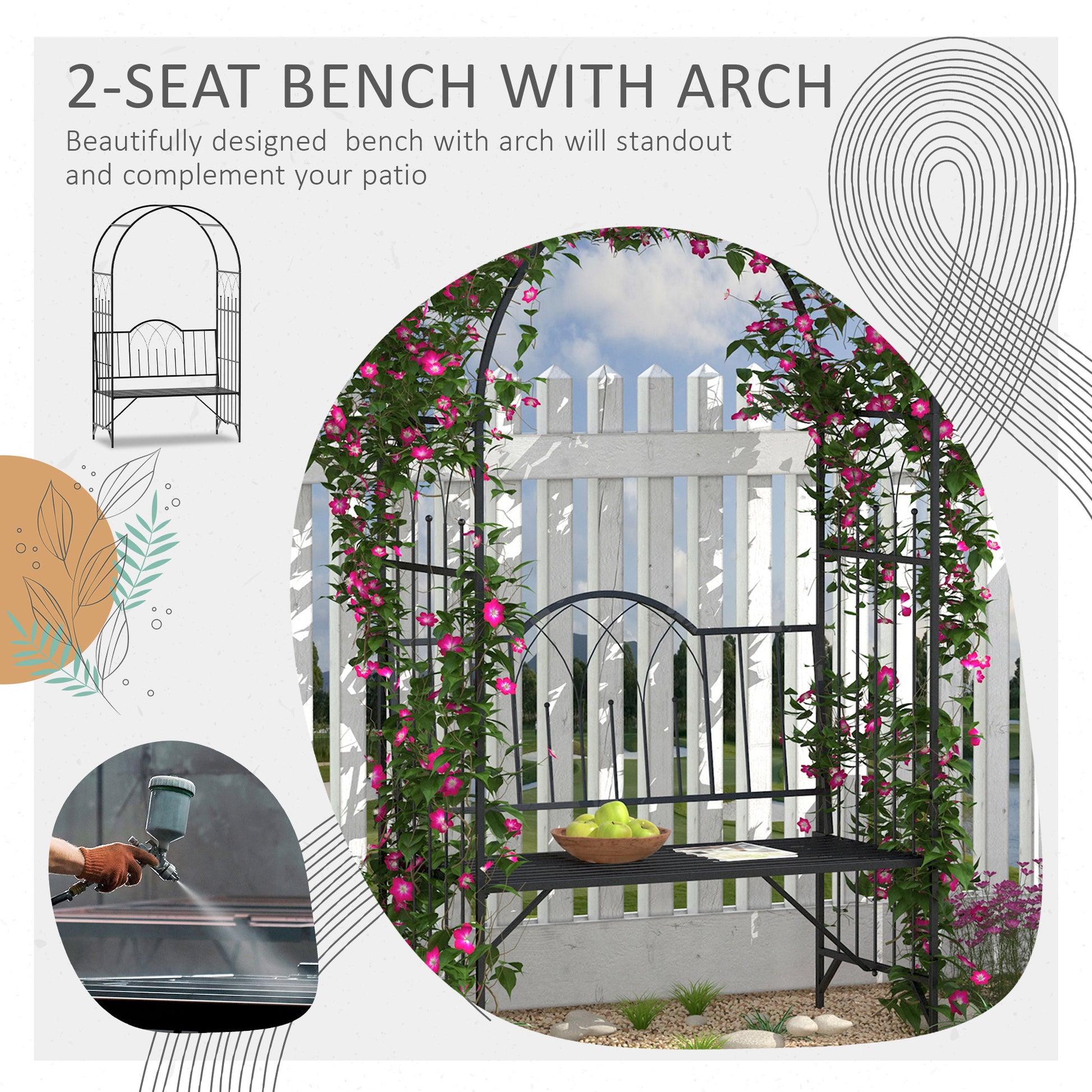 Outsunny Metal Trellis Arbor Arch Bench - Black, 484 lb Capacity