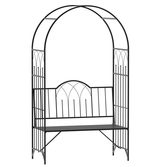 Outsunny Metal Trellis Arbor Arch for Climbing Plants with Garden Bench, Grow Grapes & Vines, Patio Decor & 2-Person Outdoor Interlacing Decorative Seating with Tips, 484 lbs. Weight Capacity, Black