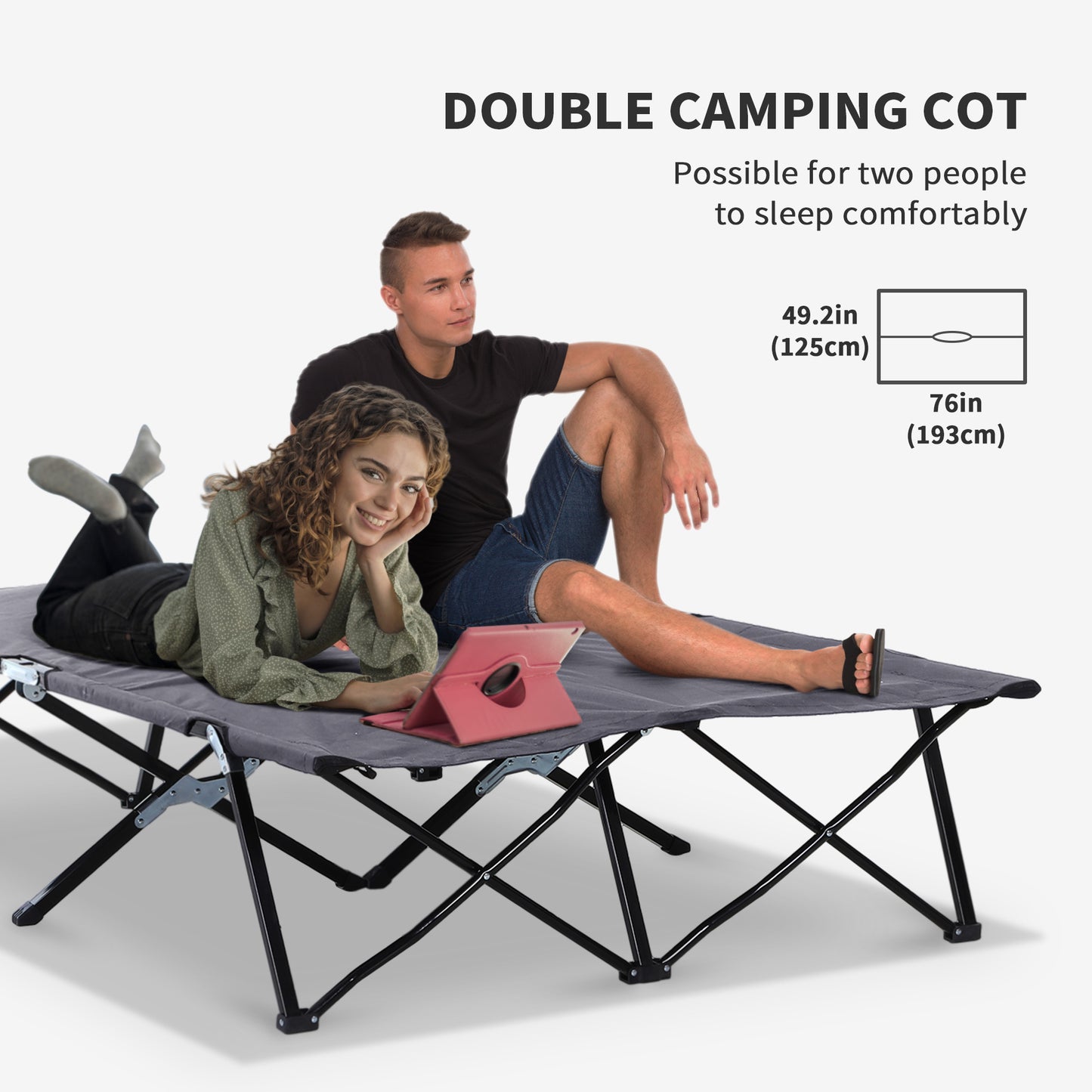 Grey Steel Folding Camping Cot - 2 Person Outdoor Sleeping Bed