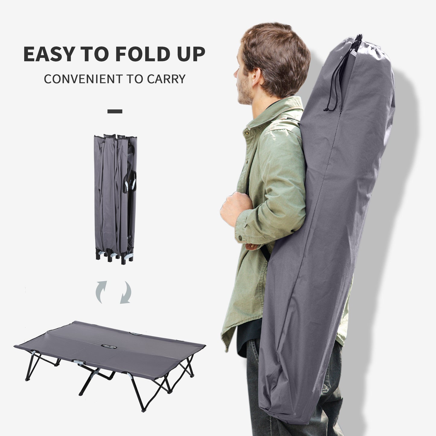 Grey Steel Folding Camping Cot - 2 Person Outdoor Sleeping Bed